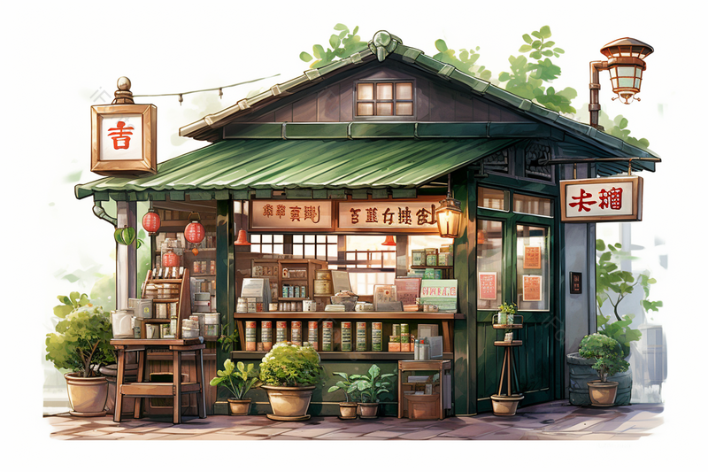水彩绿色那家書店营业中手账元素街边小店淡彩,插画/手绘图,插画/手绘图库,插画/手绘图下载,插画/手绘